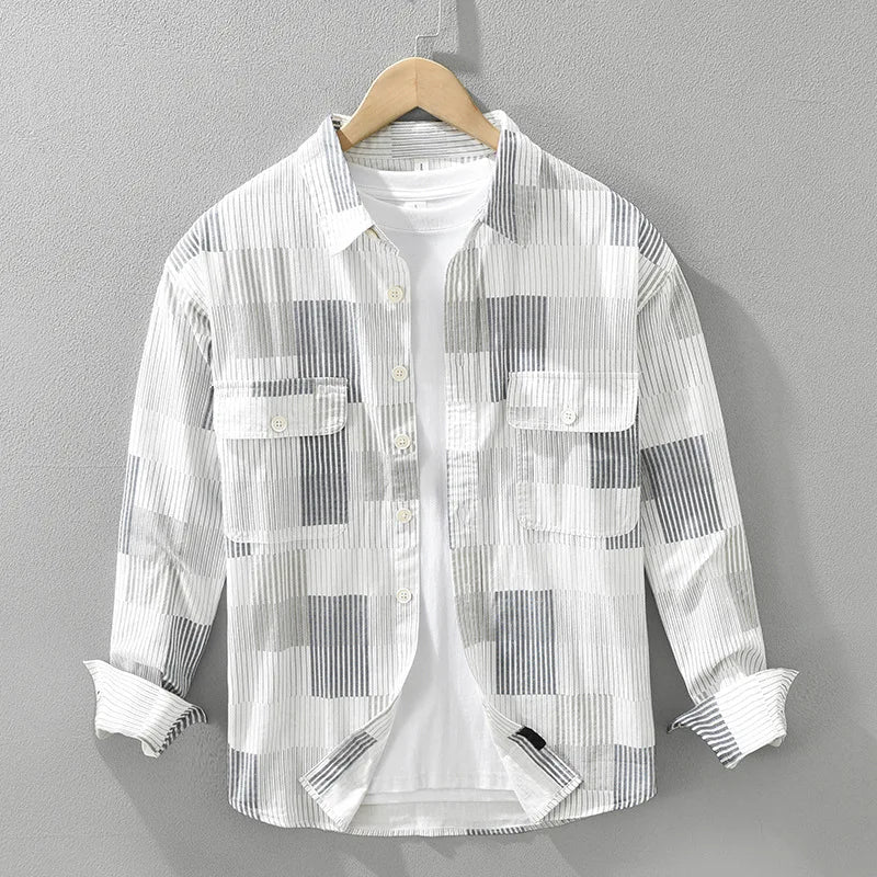 Men's Casual Striped Cotton Shirt with Big Pockets┃MSH299