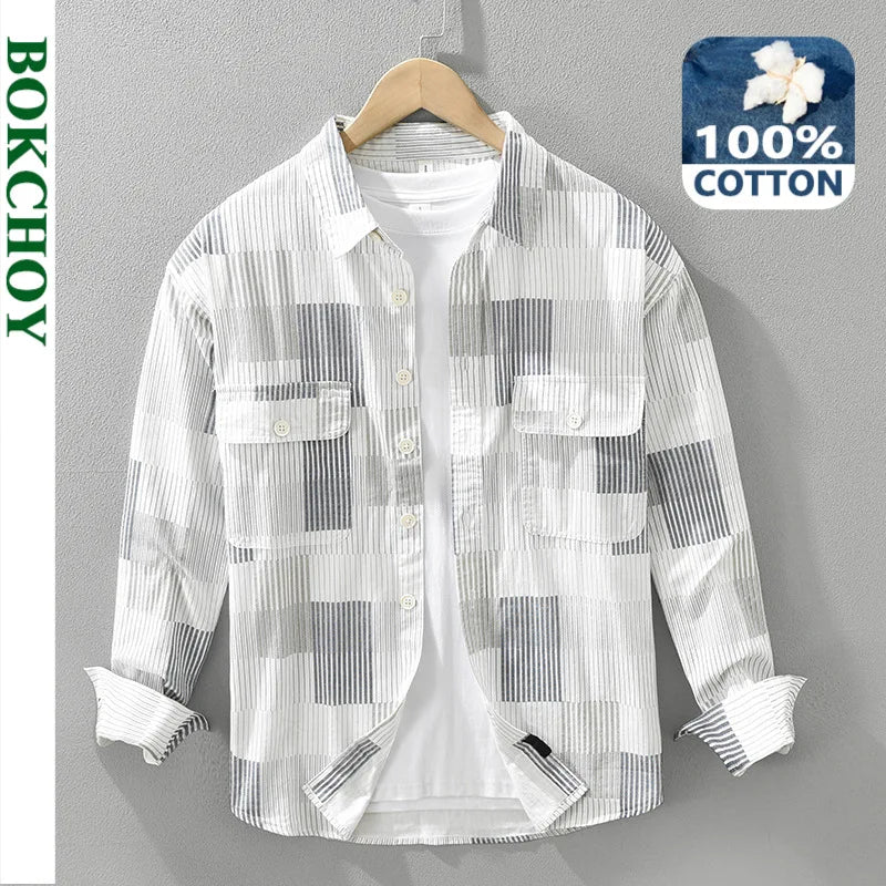 Men's Casual Striped Cotton Shirt with Big Pockets┃MSH299