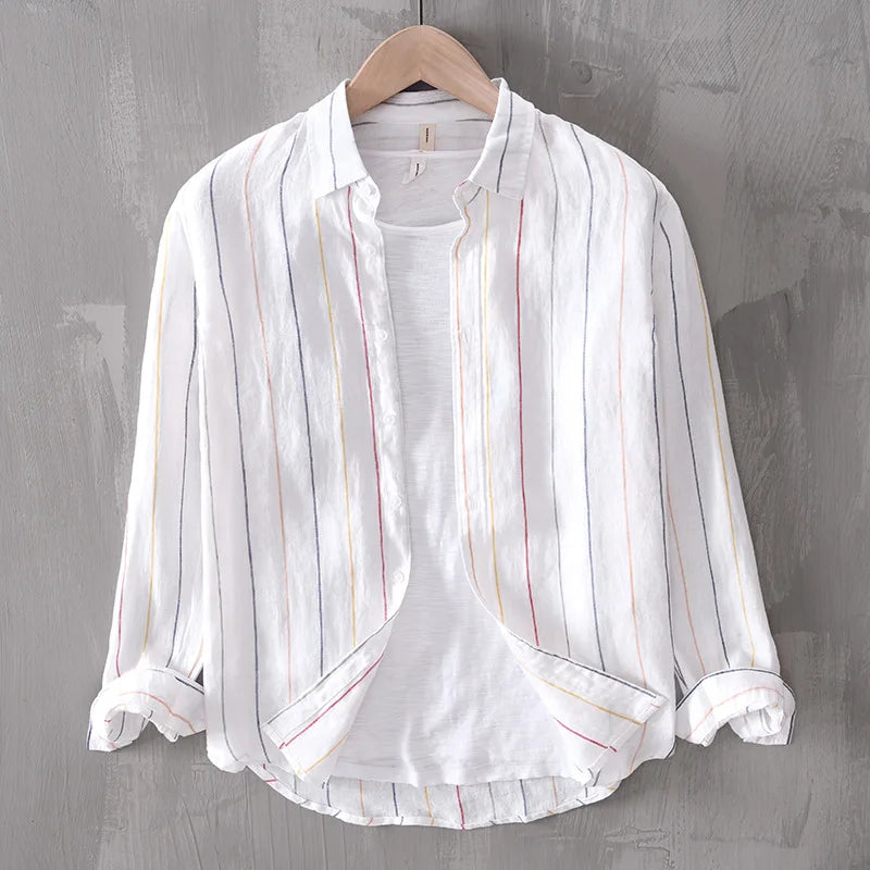 Men's 100% Linen Striped Shirt – Business Casual & Lightweight┃MSH292