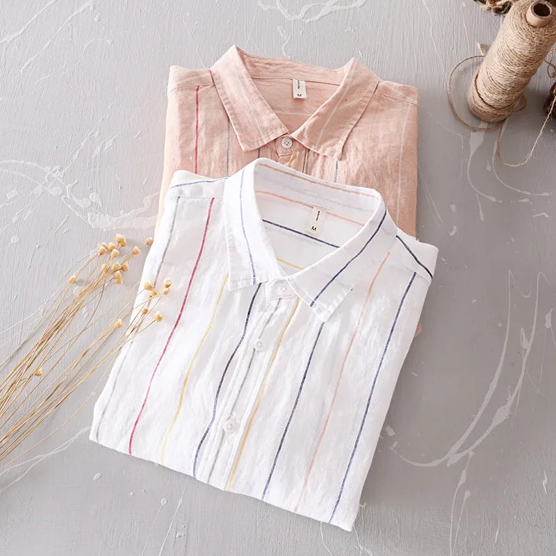 Men's 100% Linen Striped Shirt – Business Casual & Lightweight┃MSH292