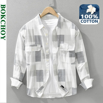 Men's Casual Striped Cotton Shirt with Big Pockets┃MSH299