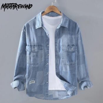 Men's Long Sleeve Denim Shirt - Light Blue Casual Patchwork┃MSH303
