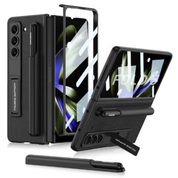 Leather Protective Invisible Bracket S Pen Slot Phone Case With Back Screen Protector For Galaxy Z Fold 5/4/3 5G